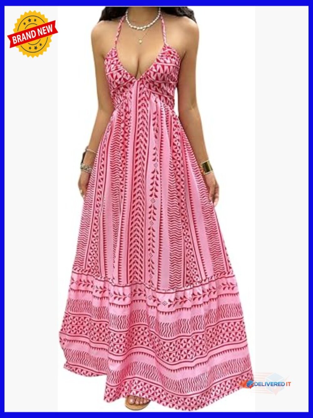 Sleeveless Halter Tie Back Maxi Dress Flowy Boho Summer Sundress